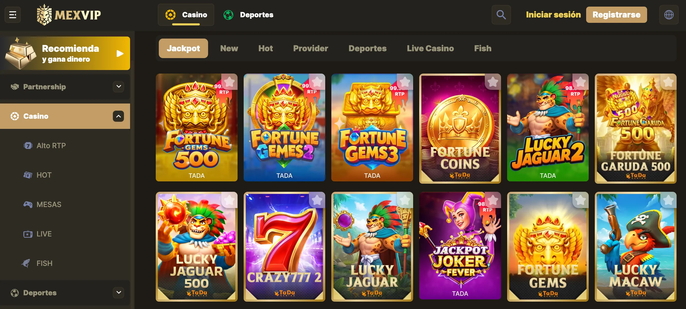 Catálogo de juegos y tragamonedas en MexVip